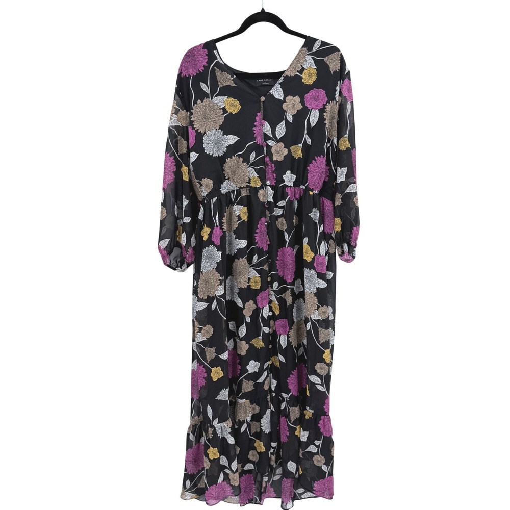 Lane Bryant Floral Chiffon‎ Maxi Dress Black Purple Plus Size 18 Button Front